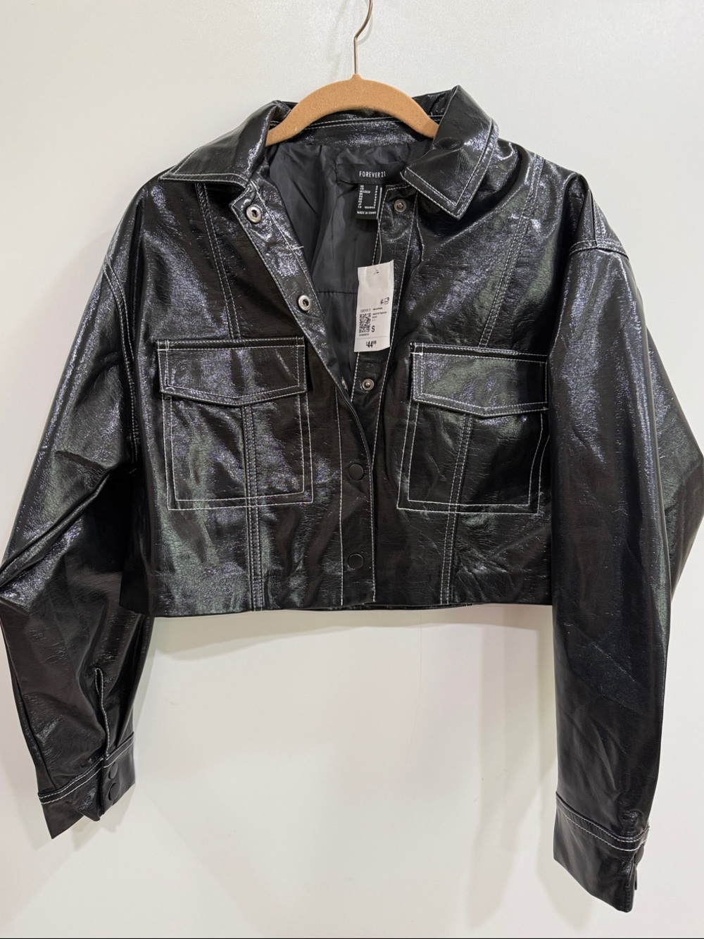 Forever 21 Black Cropped Patent Faux-Leather Jacket